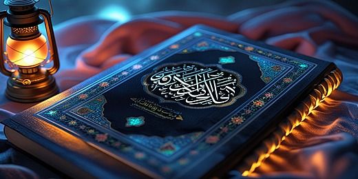 The Holy Quran resting on an ornate wooden stand beside a glowing lantern
