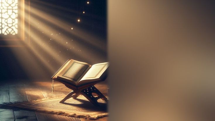 The Holy Quran on a wooden stand lit by rays of light through a window